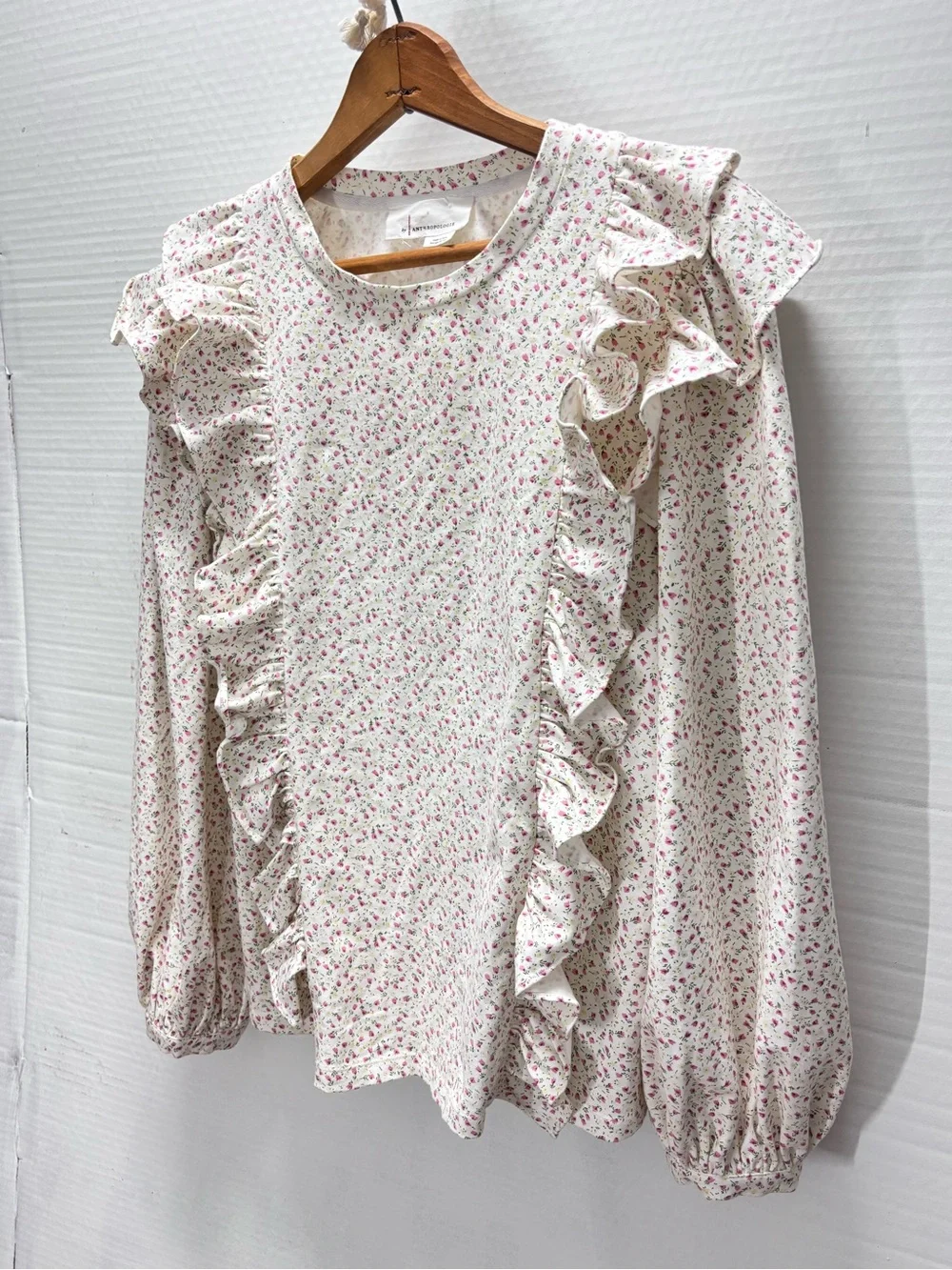 Anthropologie Blouse Dainty Pink Floral Print Ruffle Long Sleeve Blouse Large